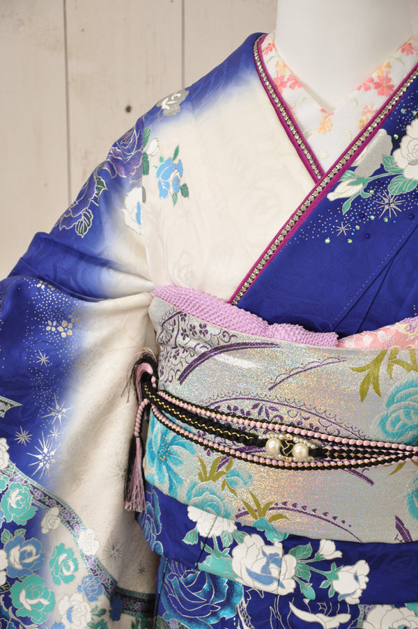 FR-009　青地グリッター 桂由美  　振袖