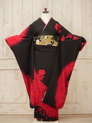 FI-036　紅黒グラデ・モダンブーケ　振袖