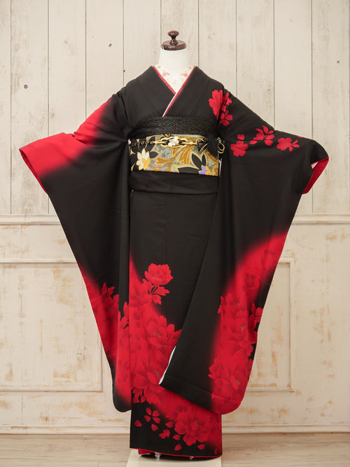 FI-036　紅黒グラデ・モダンブーケ　振袖