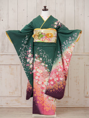 FJ-004   緑地ピンク小花　振袖