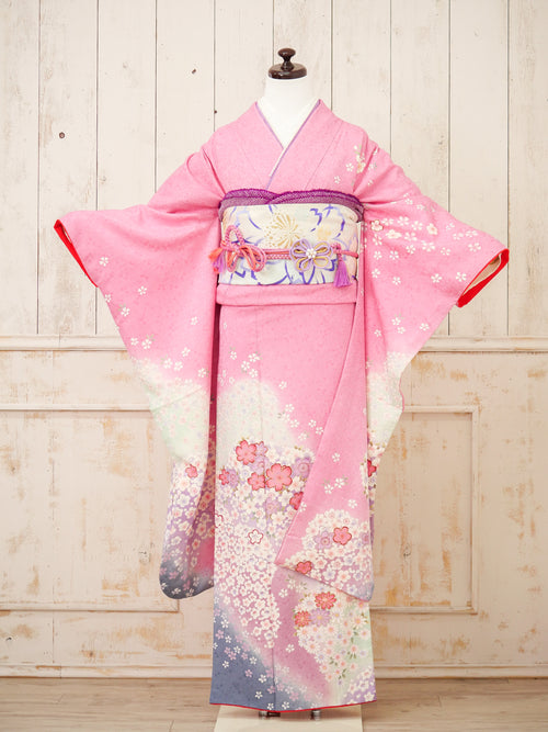 FK-014　ピンク地白小花　振袖.