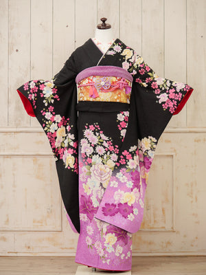 FK-016　黒地紫花　振袖.