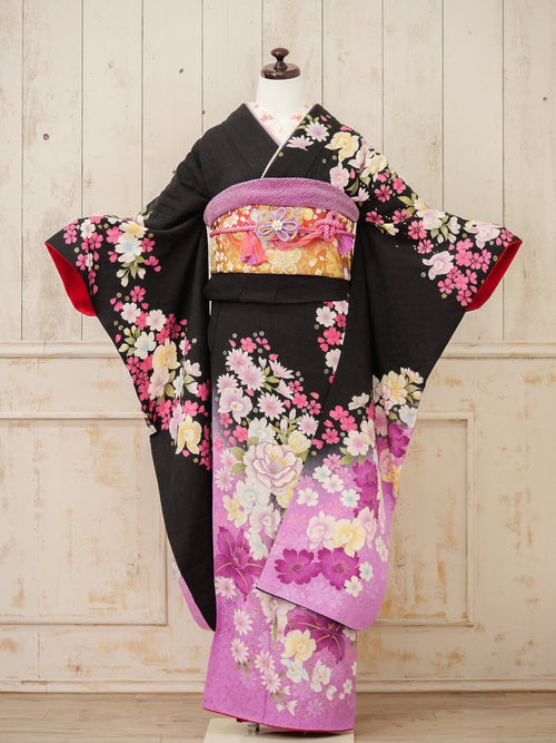 FK-016　黒地紫花　振袖.
