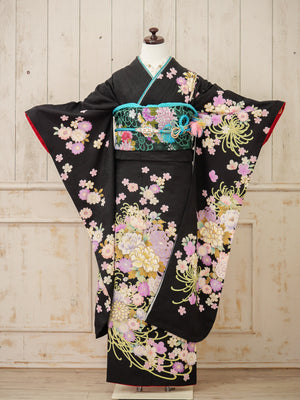 FK-027　黒地パープル菊　振袖.