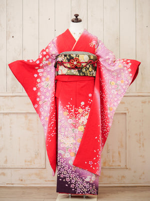 FK-030　赤地ピンク花　振袖.