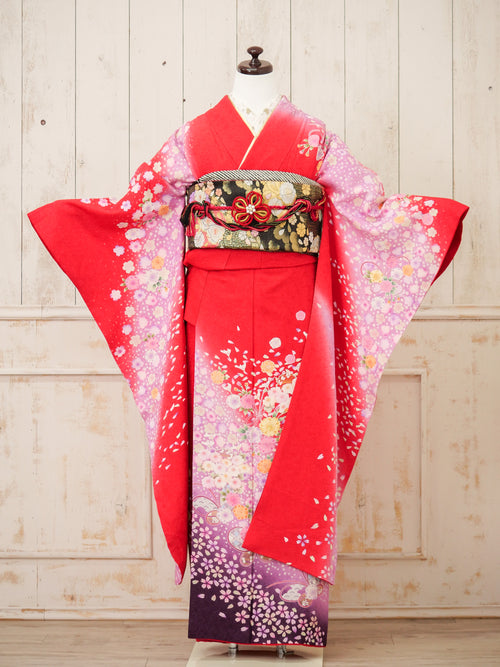 FK-030　赤地ピンク花　振袖.