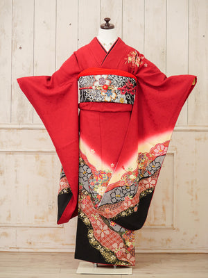 FK-035　赤地しぼり柄波　振袖.