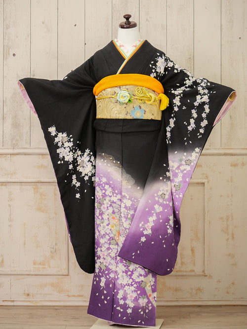 FK-040　黒地紫枝垂れ桜　振袖.