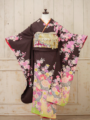 FK-043　茶地ピンク花　振袖.