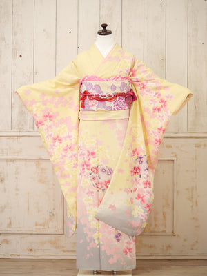 FK-048　黄色地ピンク枝垂れ桜　振袖.