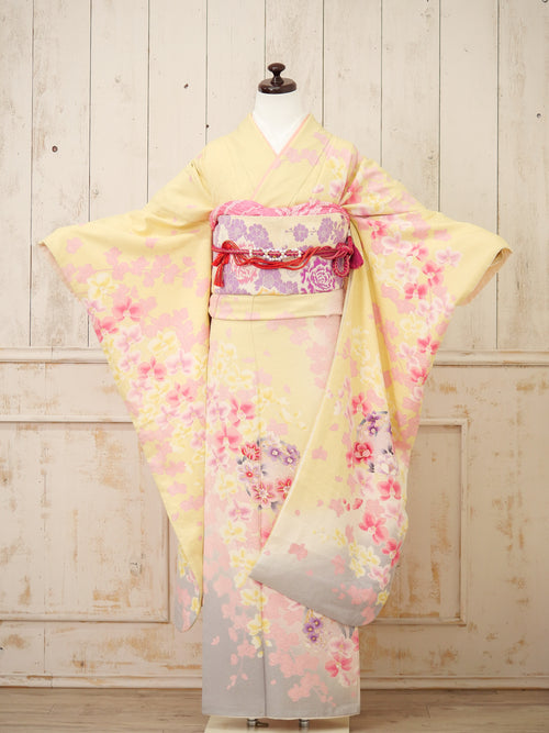 FK-048　黄色地ピンク枝垂れ桜　振袖.