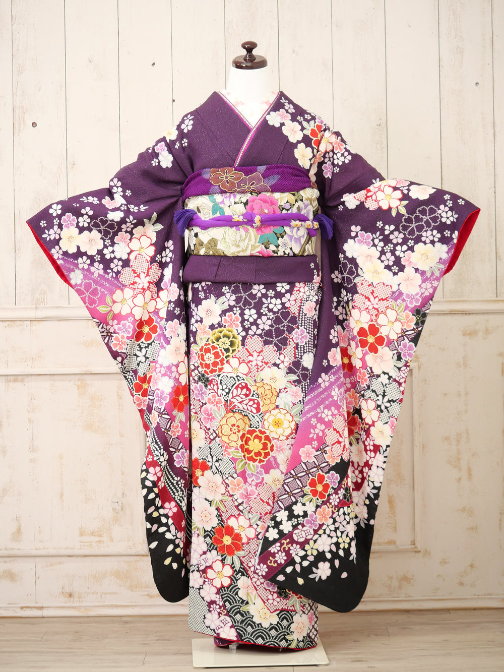 FK-050　紫地ピンク花　振袖.