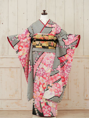 FR-019　黒しぼりピンク　振袖