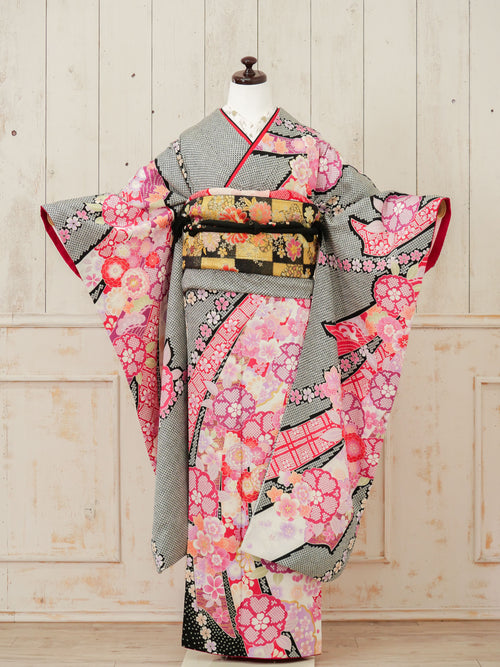 FR-019　黒しぼりピンク　振袖