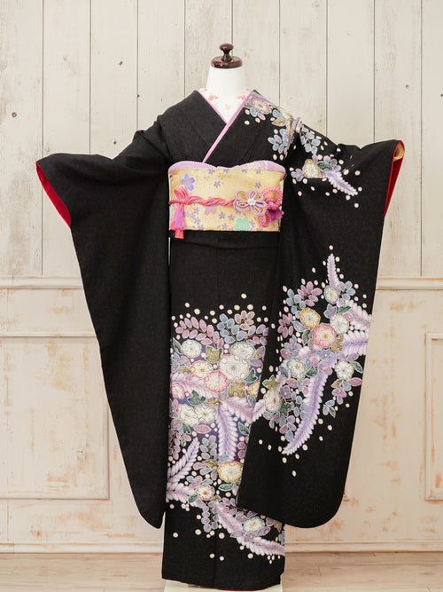 FR-020　黒地薄紫シダ　振袖