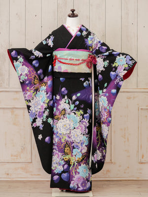 FR-024　黒地紫蝶　振袖