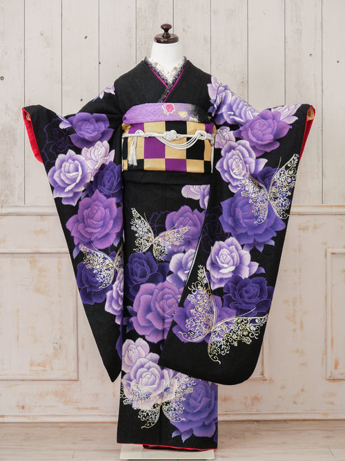 FR-025  黒地紫バラ　振袖