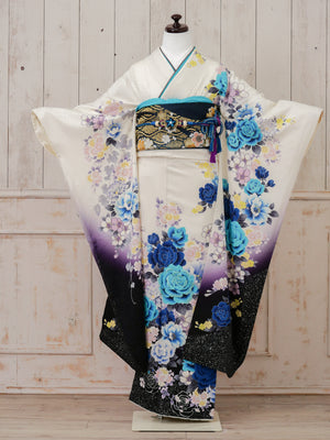 FR-033　白地青バラ　振袖