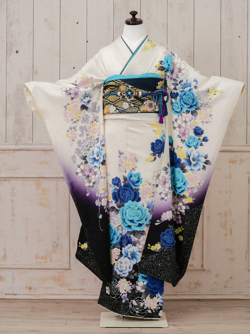 FR-033　白地青バラ　振袖