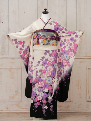 FR-034　白地紫八重桜　振袖