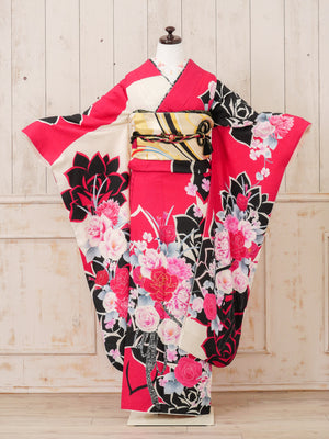 FR-039   ビビットピンク黒バラ 振袖