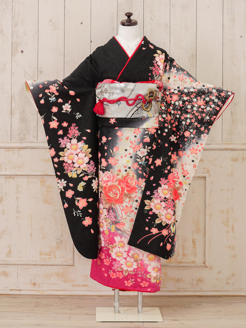FR-040   黒地ピンク花　振袖
