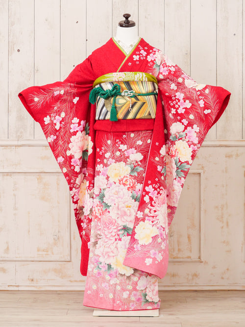 FR-041　赤地ピンク花　振袖