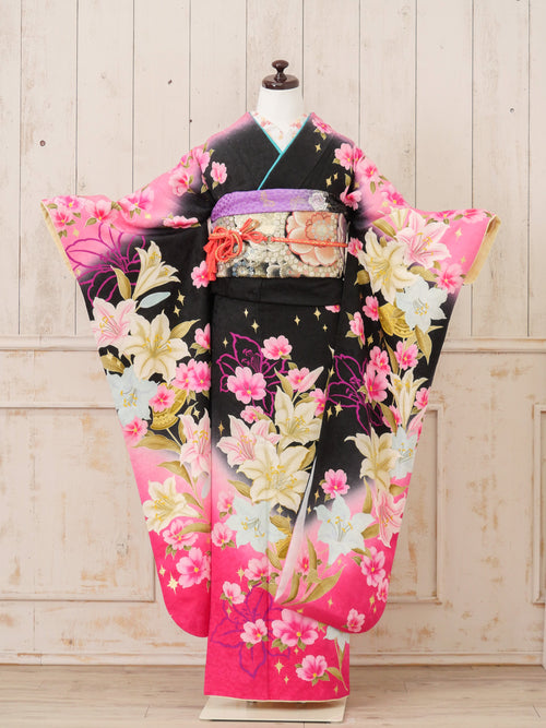 FR-042   黒地ピンク百合　振袖
