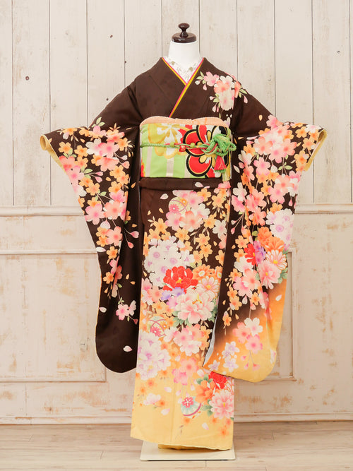 FR-043   茶色地オレンジ枝垂れ桜　振袖