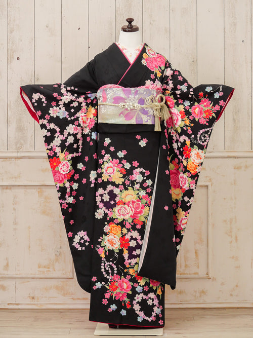 FR-049   黒地ハート小花　振袖