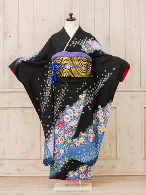 FR-064   黒地青白小花　振袖