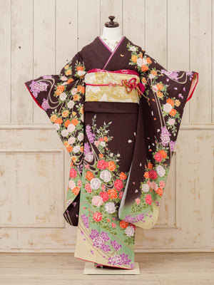 FR-075   茶色地グリーンバラ　振袖