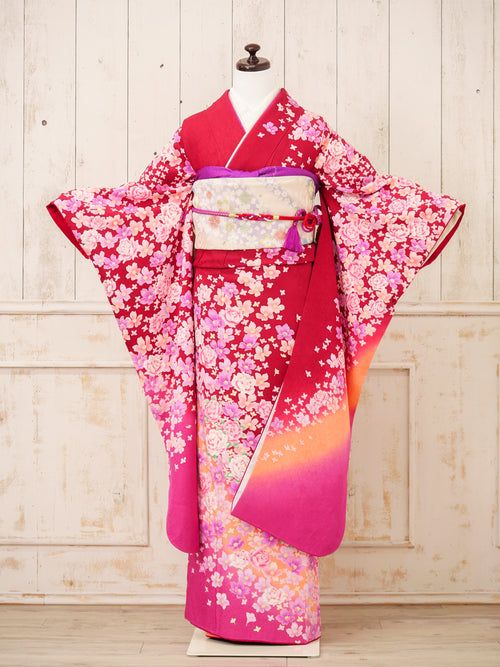 FR-081　赤地ピンク小花　振袖