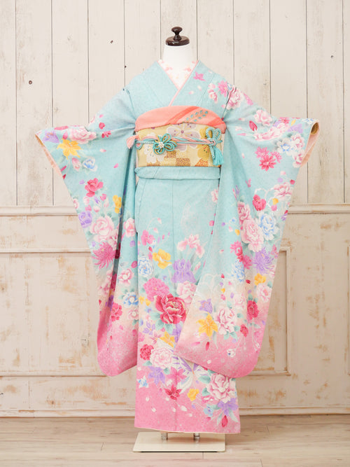 FR-088   水色地ピンク牡丹　振袖