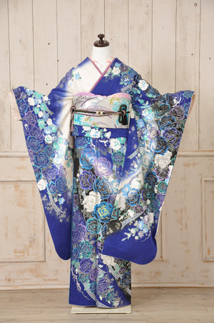 FR-009　青地グリッター 桂由美  　振袖