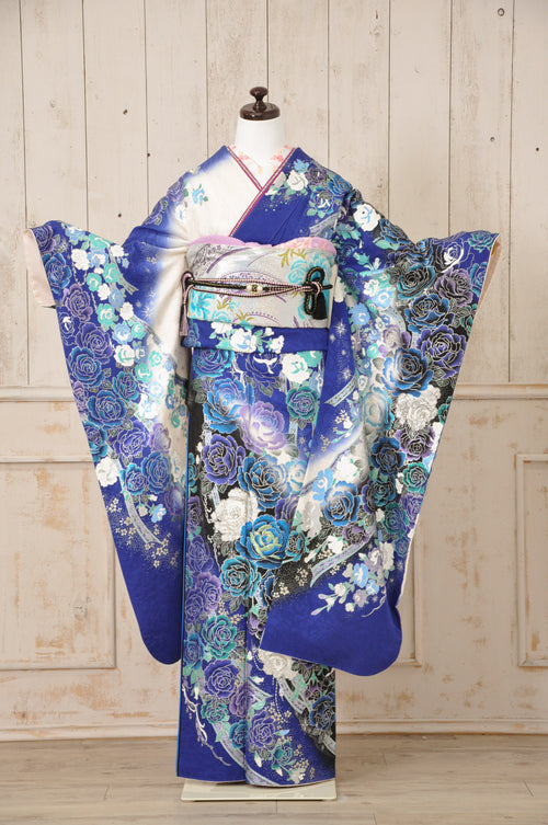 FR-009　青地グリッター 桂由美  　振袖