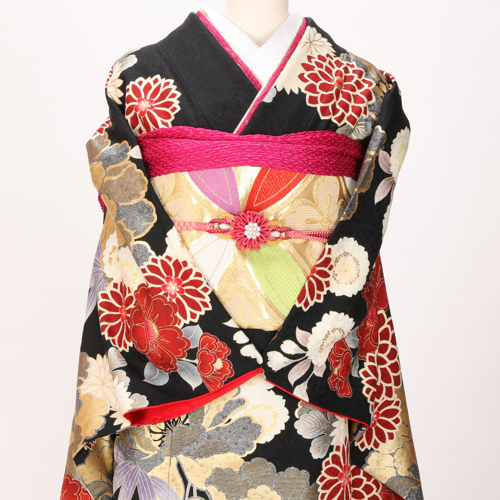 【販売】振袖小物3点 Iセット ピンク/ゴールド/華やか.