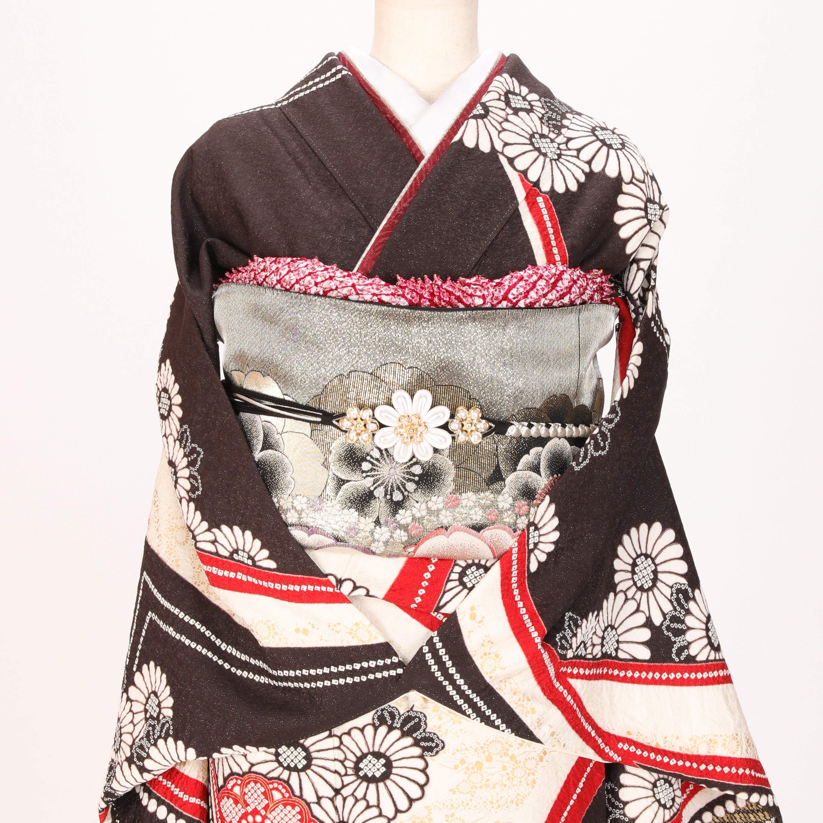 販売】振袖小物3点 Lセット ワインレッド/シルバー/豪華