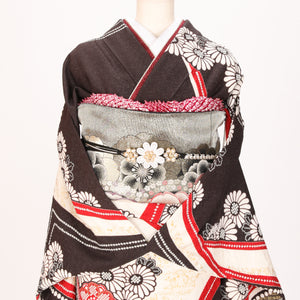 【販売】振袖小物3点 Lセット ワインレッド/シルバー/豪華.