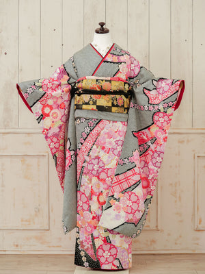 FR-019　黒しぼりピンク　振袖