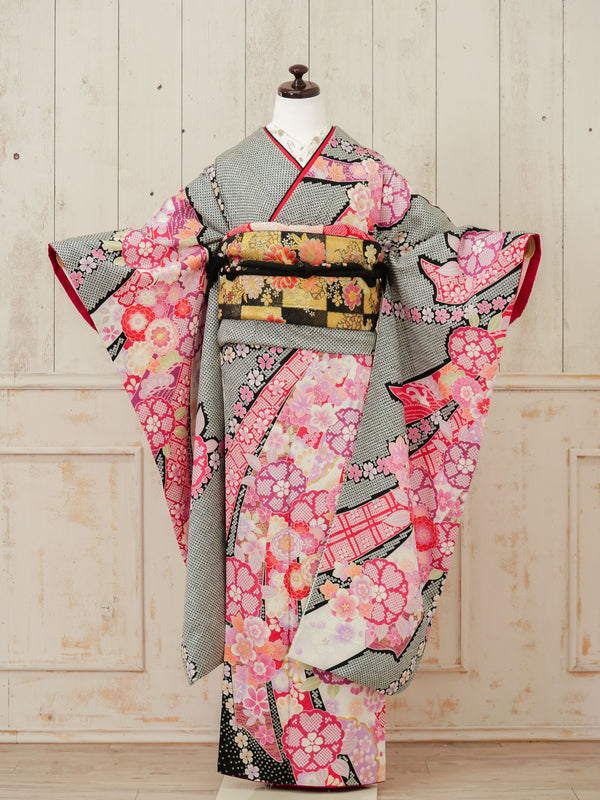 FR-019　黒しぼりピンク　振袖