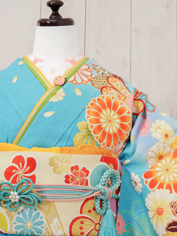 FR-012　水色地オレンジ　振袖