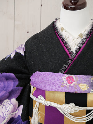 FR-025  黒地紫バラ　振袖