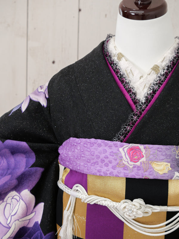 FR-025  黒地紫バラ　振袖