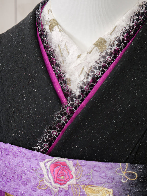 FR-025  黒地紫バラ　振袖