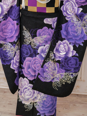 FR-025  黒地紫バラ　振袖