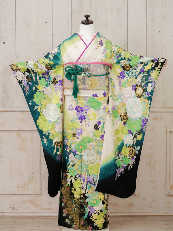 FR-006　白地グリーン 桂由美　振袖