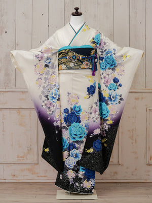 FR-033　白地青バラ　振袖