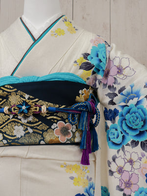 FR-033　白地青バラ　振袖