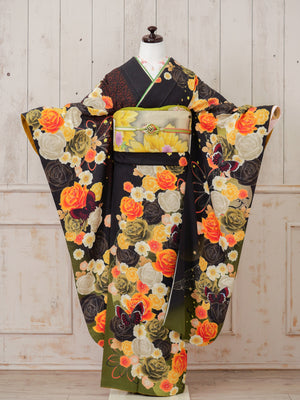FR-037   黒地オレンジバラ　振袖